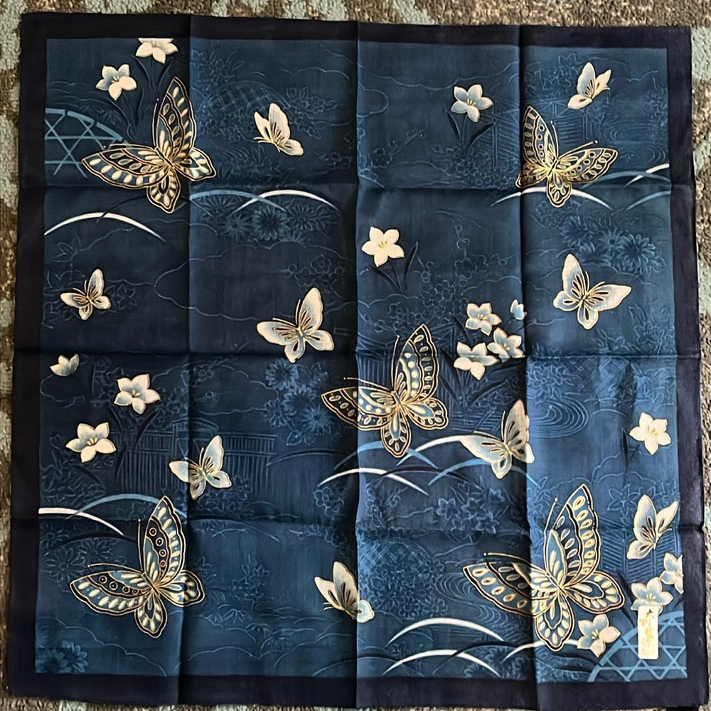 Asian Inspired Beautiful 21” x 21” Scarf Floral Butterfly Butterflies Blue Gold